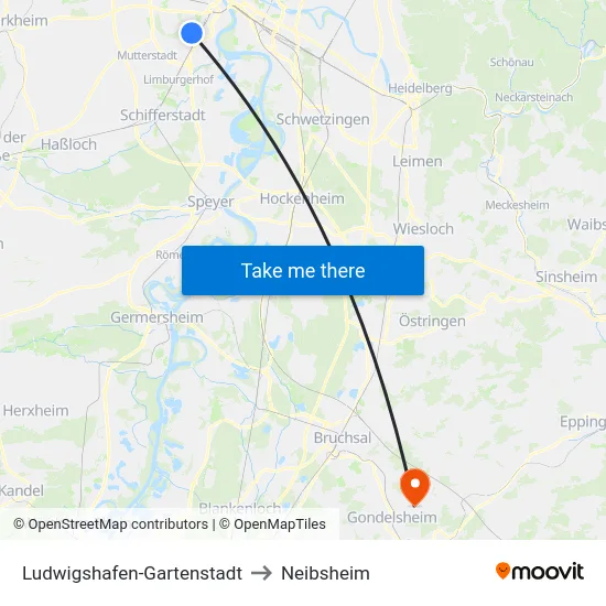 Ludwigshafen-Gartenstadt to Neibsheim map