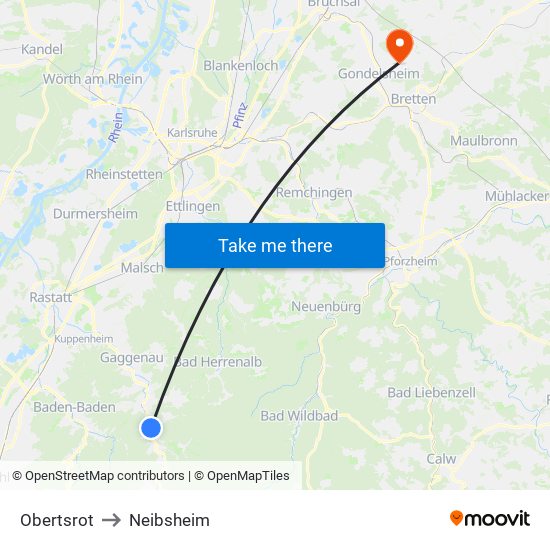 Obertsrot to Neibsheim map