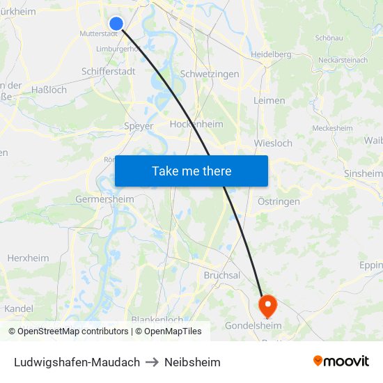 Ludwigshafen-Maudach to Neibsheim map