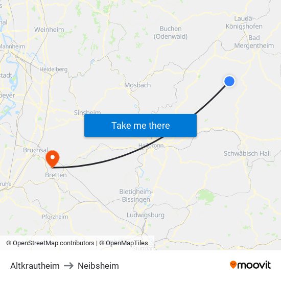 Altkrautheim to Neibsheim map