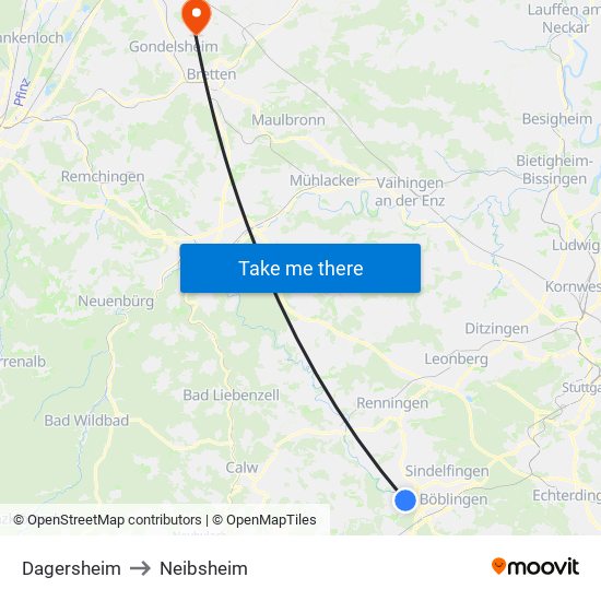 Dagersheim to Neibsheim map