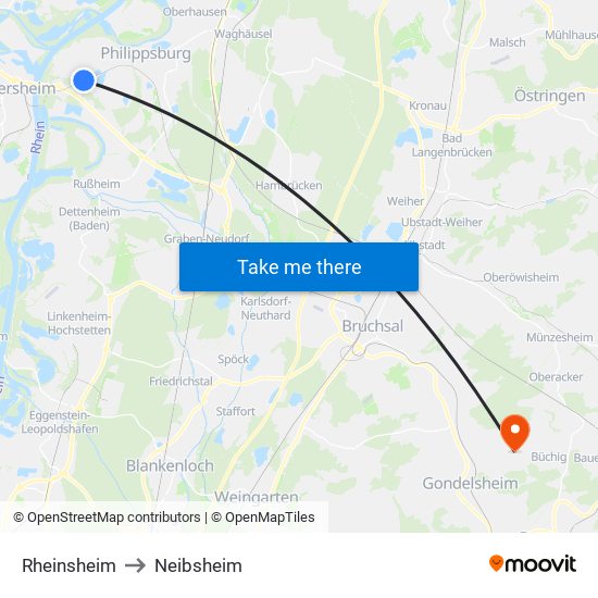 Rheinsheim to Neibsheim map