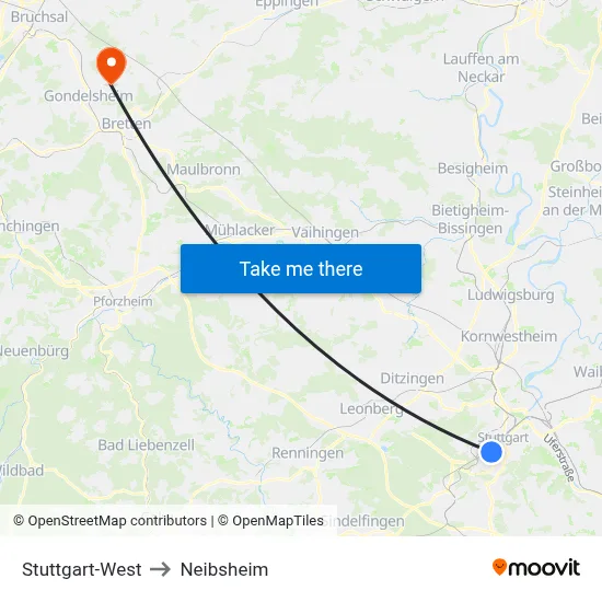 Stuttgart-West to Neibsheim map