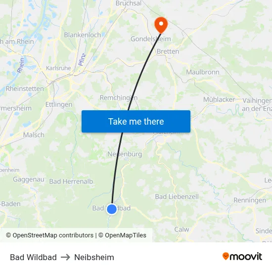 Bad Wildbad to Neibsheim map