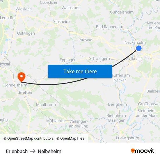 Erlenbach to Neibsheim map