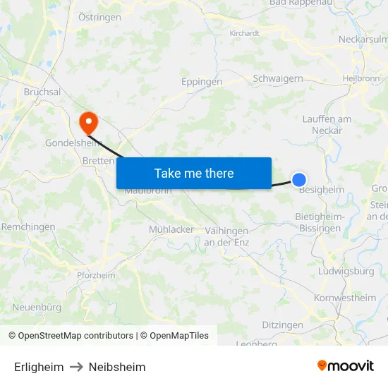 Erligheim to Neibsheim map