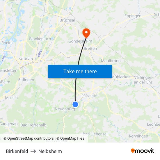Birkenfeld to Neibsheim map