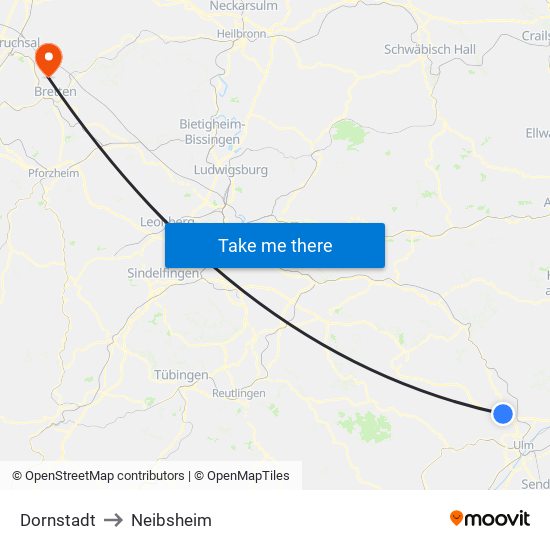 Dornstadt to Neibsheim map