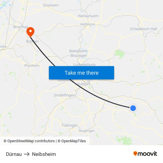 Dürnau to Neibsheim map