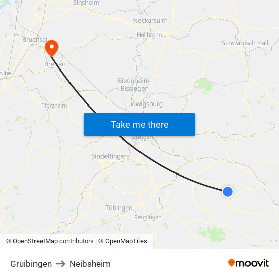 Gruibingen to Neibsheim map