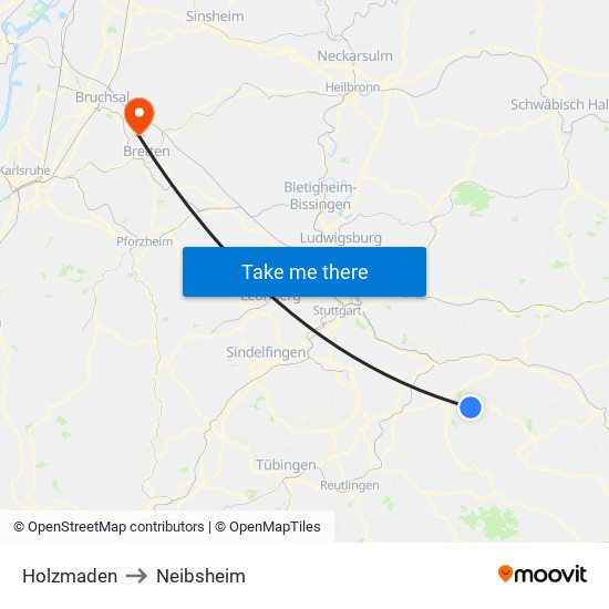 Holzmaden to Neibsheim map