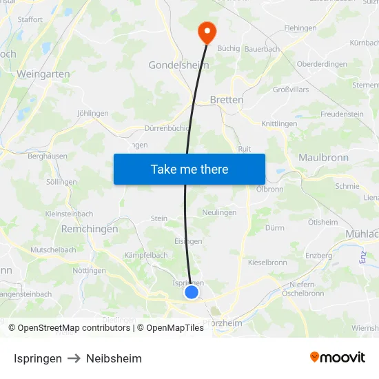Ispringen to Neibsheim map