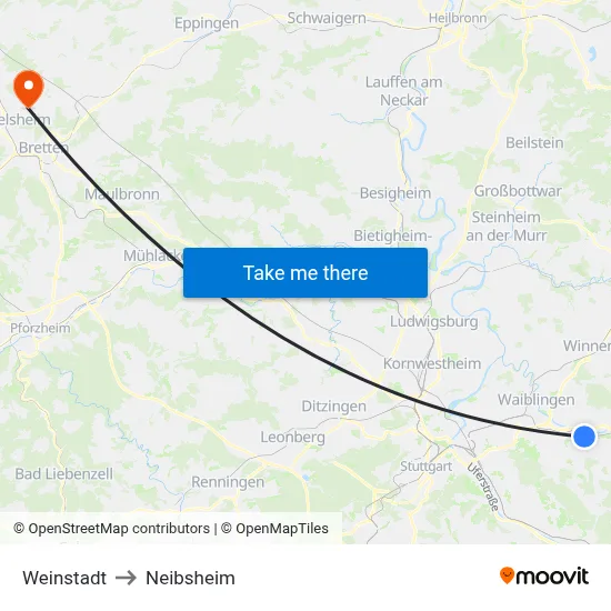 Weinstadt to Neibsheim map