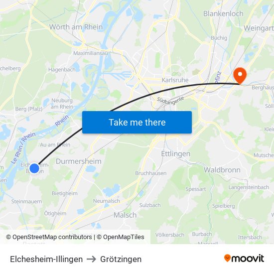 Elchesheim-Illingen to Grötzingen map