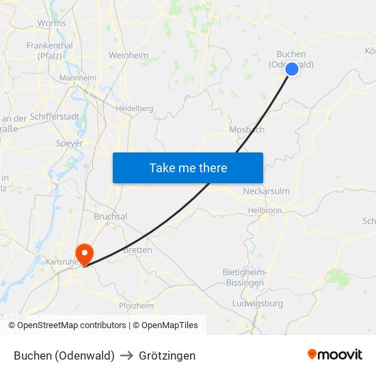 Buchen (Odenwald) to Grötzingen map