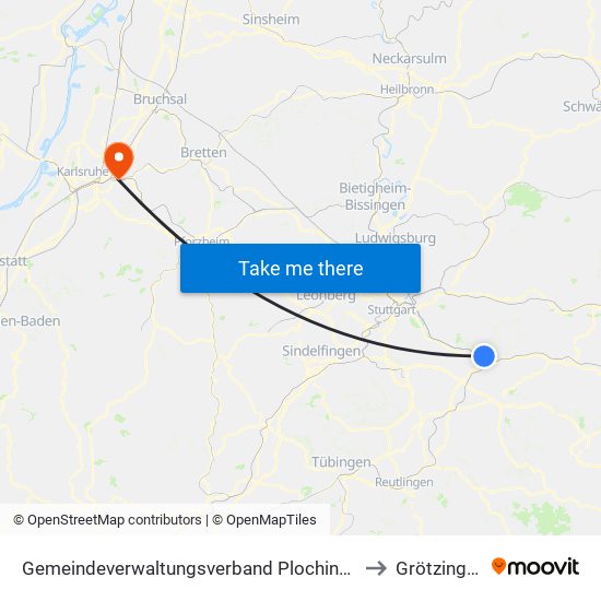 Gemeindeverwaltungsverband Plochingen to Grötzingen map