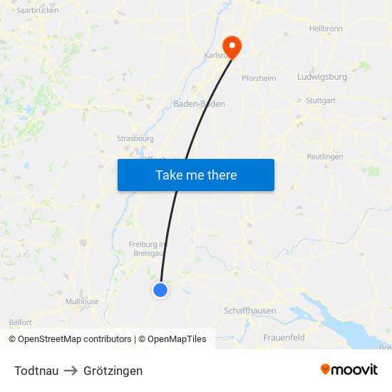 Todtnau to Grötzingen map