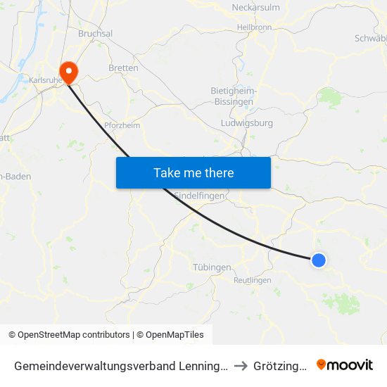 Gemeindeverwaltungsverband Lenningen to Grötzingen map