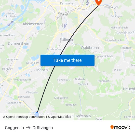 Gaggenau to Grötzingen map