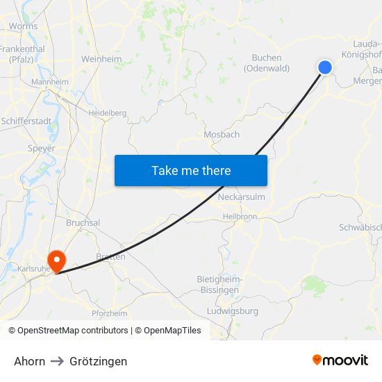 Ahorn to Grötzingen map