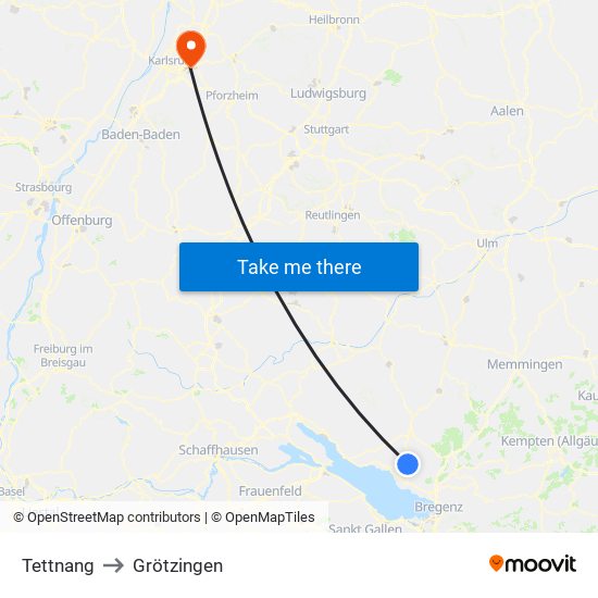 Tettnang to Grötzingen map