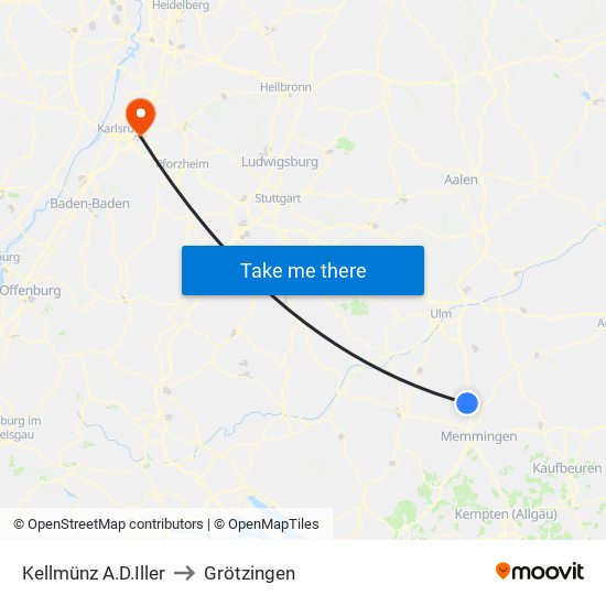 Kellmünz A.D.Iller to Grötzingen map