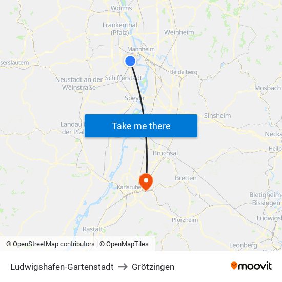 Ludwigshafen-Gartenstadt to Grötzingen map
