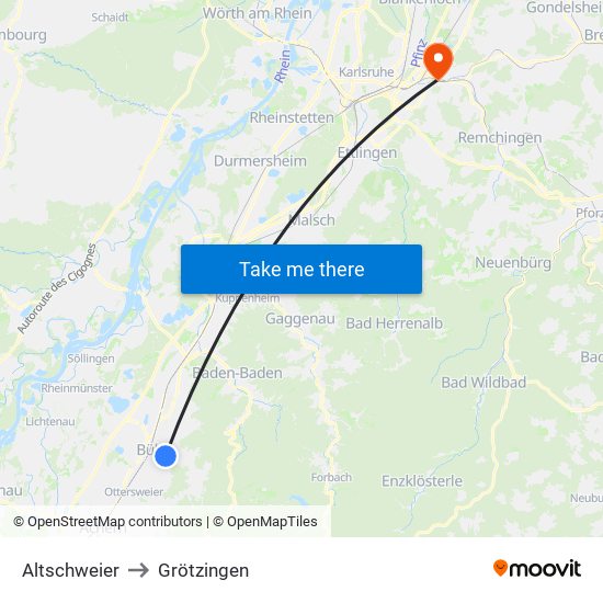 Altschweier to Grötzingen map