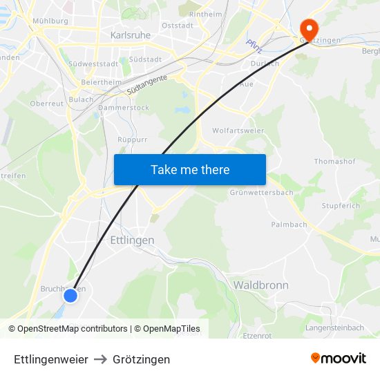 Ettlingenweier to Grötzingen map