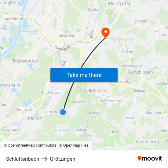 Schluttenbach to Grötzingen map