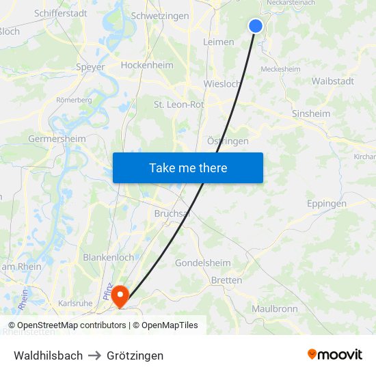 Waldhilsbach to Grötzingen map