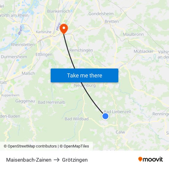 Maisenbach-Zainen to Grötzingen map