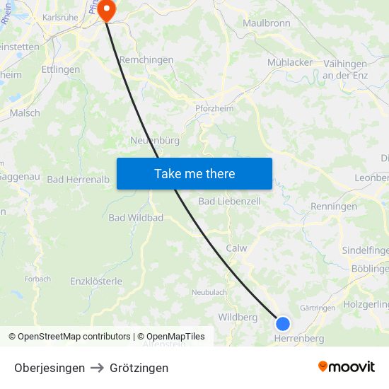 Oberjesingen to Grötzingen map