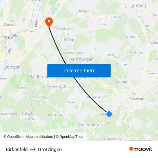 Birkenfeld to Grötzingen map