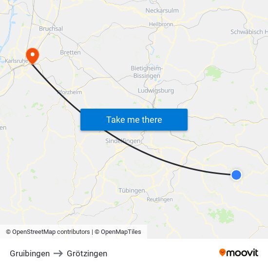 Gruibingen to Grötzingen map