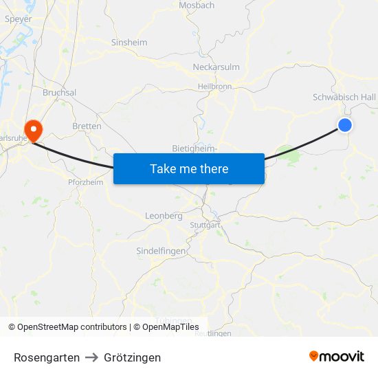 Rosengarten to Grötzingen map