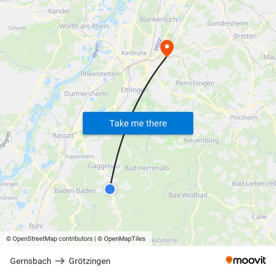 Gernsbach to Grötzingen map