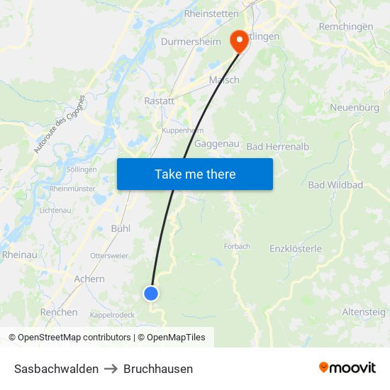 Sasbachwalden to Bruchhausen map