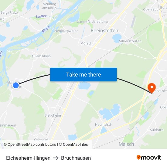 Elchesheim-Illingen to Bruchhausen map