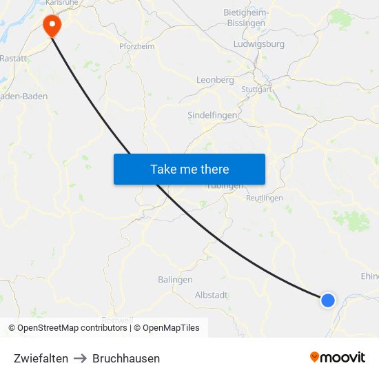 Zwiefalten to Bruchhausen map