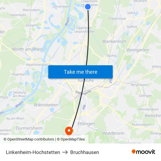 Linkenheim-Hochstetten to Bruchhausen map