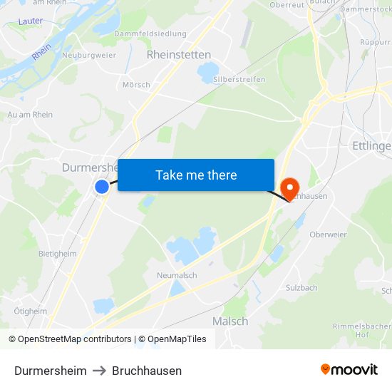 Durmersheim to Bruchhausen map