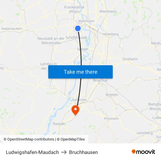 Ludwigshafen-Maudach to Bruchhausen map