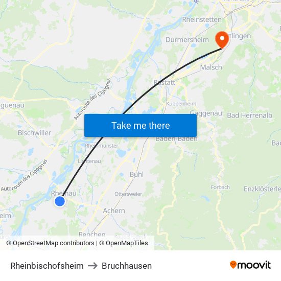 Rheinbischofsheim to Bruchhausen map