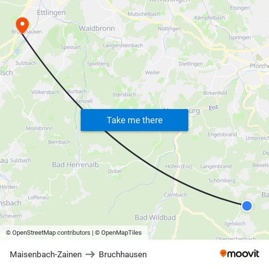 Maisenbach-Zainen to Bruchhausen map