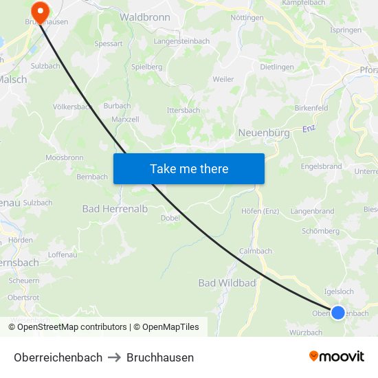 Oberreichenbach to Bruchhausen map