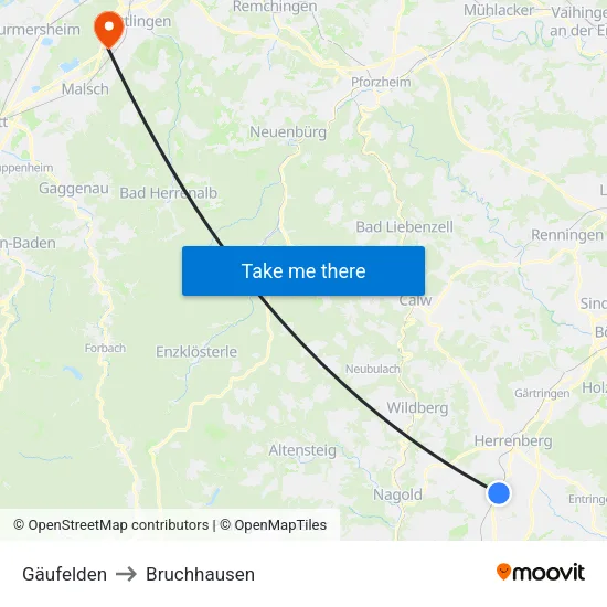 Gäufelden to Bruchhausen map