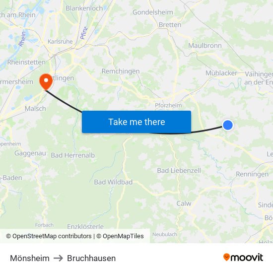 Mönsheim to Bruchhausen map