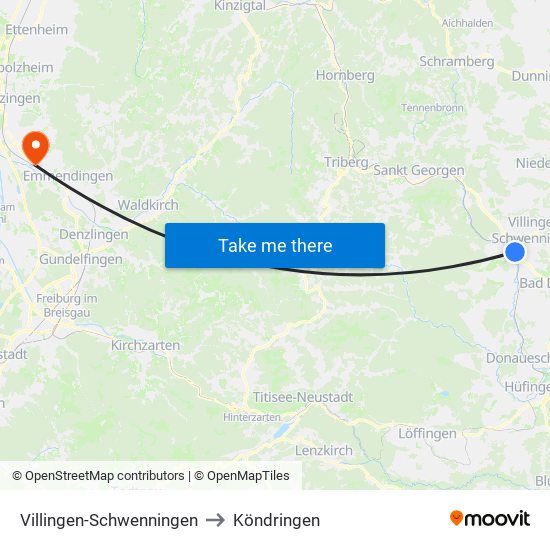 Villingen-Schwenningen to Köndringen map