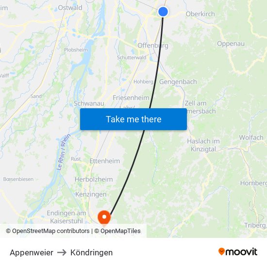 Appenweier to Köndringen map